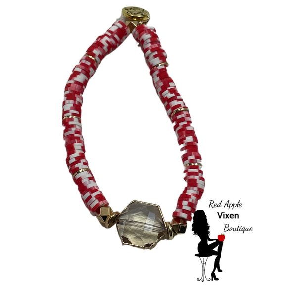 Red & White Christmas Candy Cane Heishi Crystal Glass Encased In 18K Gold Bracel - Picture 1 of 2